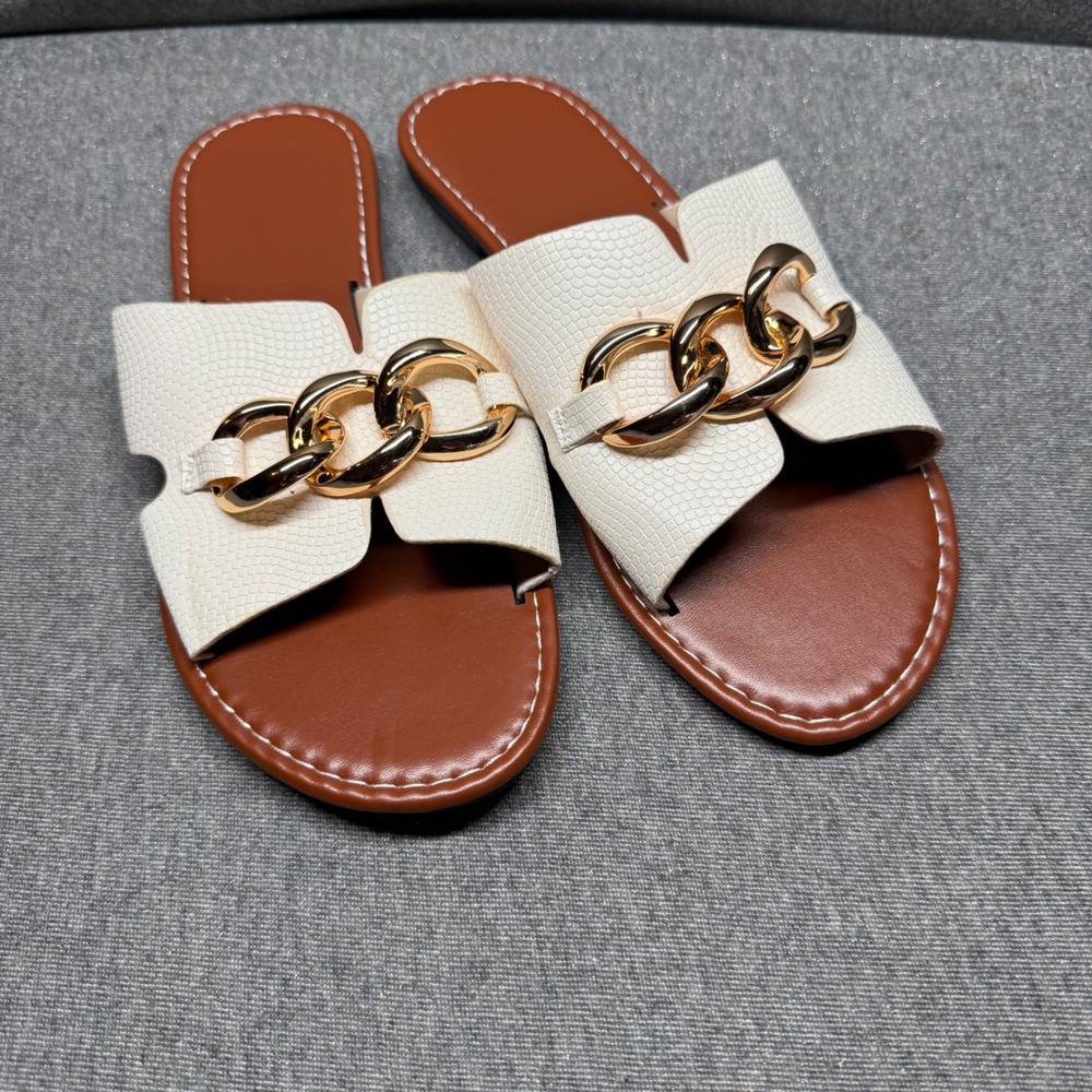 Chic Chain Slide Sandals Slip On Flat Summer Cream Tan Unbranded‎ Size 41